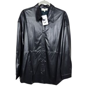 Pinch NWT Black Faux Leather Button Up Long Sleeve Shirt Collared Womens Size L